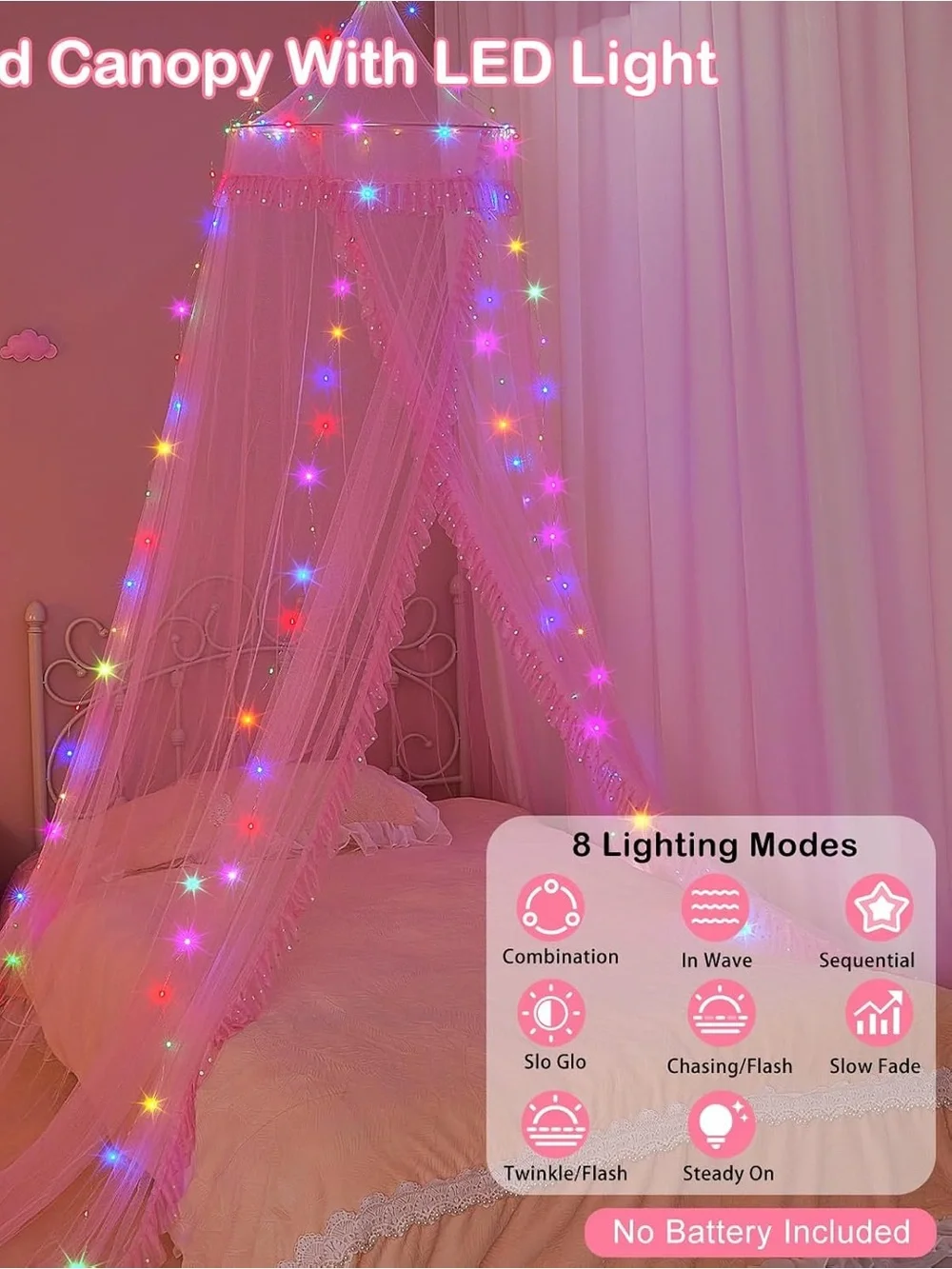 Pink Canopy Bed Net with Multicolor with LED Lights